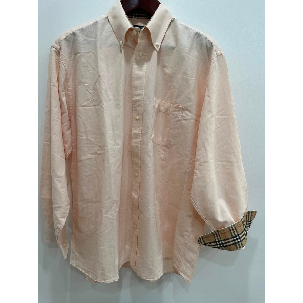 Burberry London Mens Peach Nova Check Trim Oxford Button Down Shirt Large USA